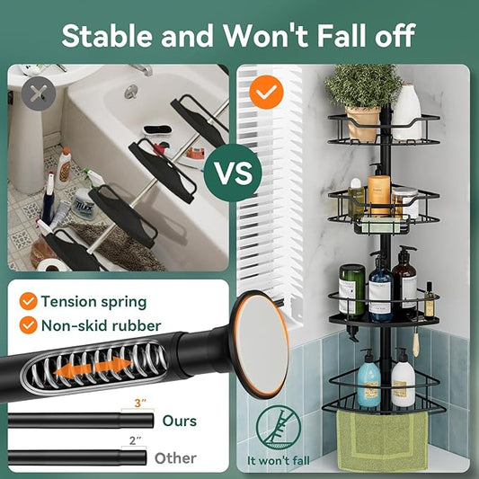 Corner Shower Caddy Tension Pole, 4 Tier Rustproof Shower Tension Rod Organizer, Adjustable 25-125 Inch Bathroom Shower Organizer Shelves for Bathtub Shampoo Storage, Black