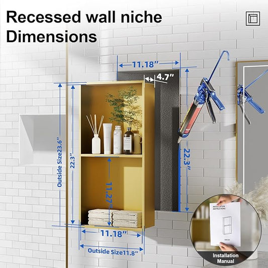 Bathbliss Shower Niche, No‑Tile Recessed Wall Niche, 11.18"x22.3" SUS304 Stainless Steel Double Shelf, Leak‑Proof Waterproof for Bathroom Storage, Brushed Gold