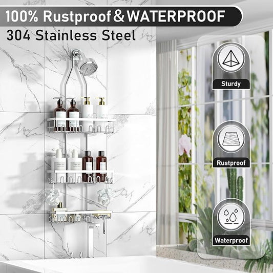 Shower Caddy,Rustproof Shower Shelves Over Shower Head,Triple Adjustable Storage,Silver
