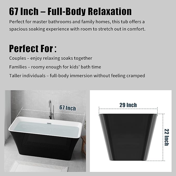 Freestanding Bathtubs 67 inch Acrylic Stand Alone Tub – Black Exterior White Interior, Chrome Drain, Ergonomic Oval Design, Modern Freestanding Tub for Bathroom, Family or Guest Use