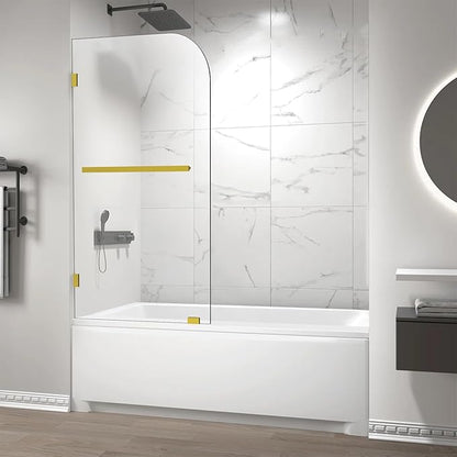 Bathtub Shower Door, 34" W X 58" H Fixed Bathtub Shower Glass Panel in Brushed Gold, 1/4"(6mm) Clear Tempered Frameless Shower Glass Door, Tub Shower Panel with Clamps and Handle