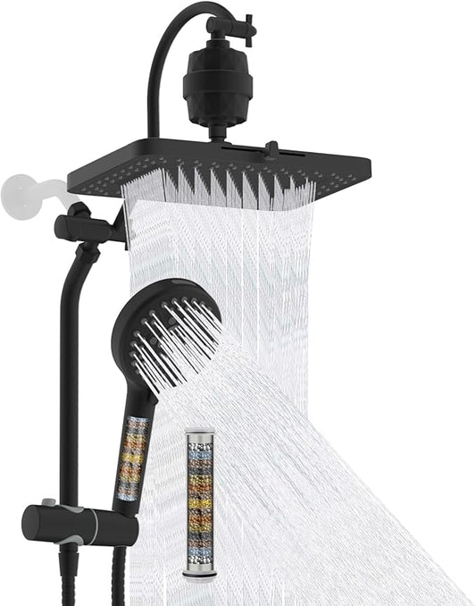 Hibbent 5-spray Filtered Rainfall Shower Head Combo, High Pressure 13'' Showerhead with 10 Spray Modes Handheld, All Metal 3 way Diverter Shower Arm, 71'' Hose and Holder, Matte Black