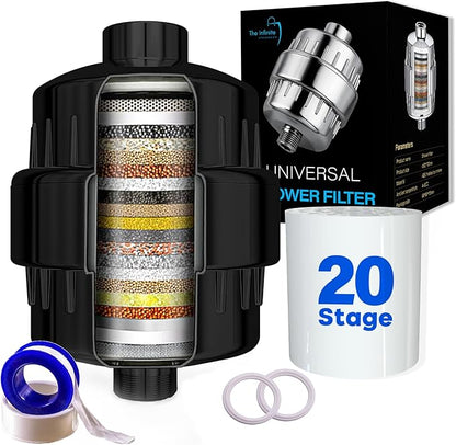 Shower Head Filter for Hard Water | 20-Stage High Output Shower Filter | Removes Chlorine and Fluoride to Help Reduce Dry Skin, Dandruff, and Hair Damage-Black