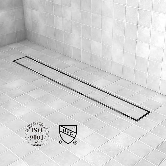Offset Linear Shower Drain, Shower Drain 24 inch with 2-in-1 Tile Insert Cover, Brushed AISI 304 Stainless Steel Side Outlet Shower Floor Drain with Hair Catcher and Adjustable Feet