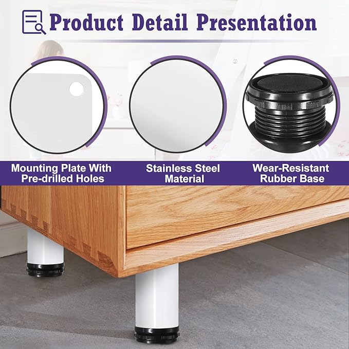 16 Inch Metal Furniture Legs Stainless Steel Adjustable Legs White Metal Legs Round Cabinet Legs for Coffee Table Cabinet Desk Sofa Shelves, Pack of 4