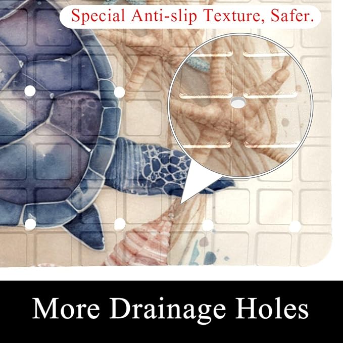 Bathtub Mats for Shower Tub, Anti-Slip Bath Mats for Inside Tub, Bathroom Shower Mats with Drain Holes and Suction Cups (Vintage Sea Turtle with Seashells and Starfish)