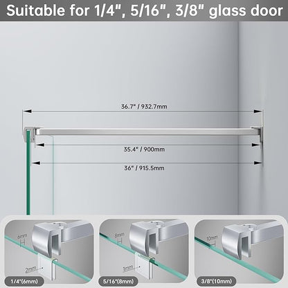 Frameless Shower Door Support Bar, Stainless Steel Wall-to-Glass Support Arm to Fixed Shower Glass Panel, for 1/4"-3/8" (6-10 mm) Door, 180° Pivot & Stow-Flat Mode (Brushed Nickel, 35.4-inch(900mm))
