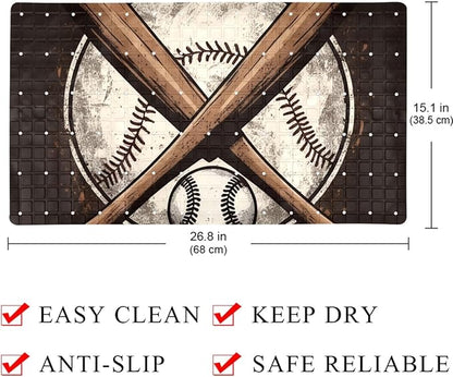 Bath Tub and Shower Mats, Non Slip Bathmat with Drain Holes and Suction Cups for Bathroom Floor, 15.1 x 26.8 Inch (Vintage Crossed Baseball Bat)