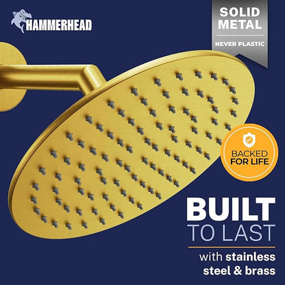 HammerHead Showers Solid Metal Round 8 Inch Rainfall Shower Head, High Flow Shower Head Optimized for Pressure, Brushed Gold, 2.5 GPM