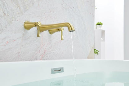 SITGES High Flow Brushed Gold Wall Mount Bathtub Faucet with Two Level Handles,Extra-Long 10.5" Spout Reach Solid Brass Wall Tub Filler with Rough-in Valve Included