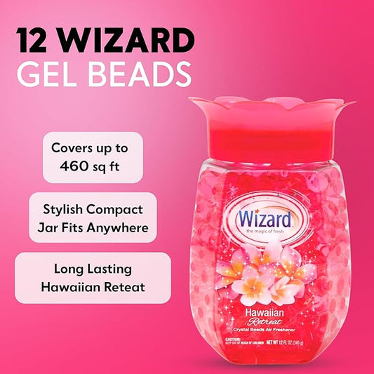 12 WIZARD Odor Eliminator Gel Beads - 12 oz, Air Freshners For Bathroom. Rooms, Per Areas and Car Freshner - Hawaiian Retreat