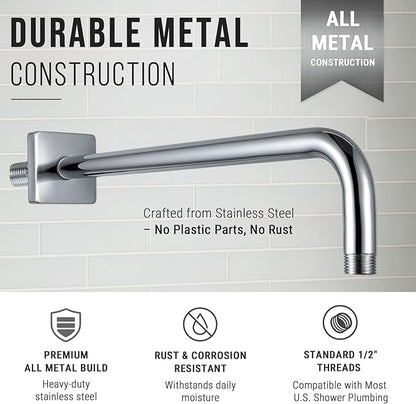 G-Promise All Metal 15.2-Inch Shower Arm with Flange, Wall-Mounted Stainless Steel 90 Degree Shower Extension Pipe Replacement for Fixed Shower Heads, Chrome