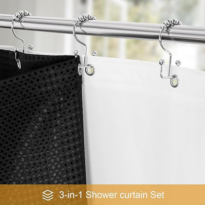 3 in 1 Extra Long Shower Curtain Set-72 W x 84 H, Black Waffle and PEVA Liner Set with 12 Stainless Steel Hooks, Waterproof Fabric for Bathroom