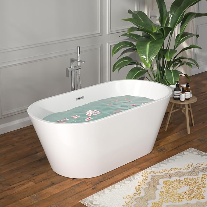 59" Freestanding Acrylic Bathtub White Roll Top Soaking Tub with Black Drain Sleek Finish for Contemporary Bathrooms, YSB9219