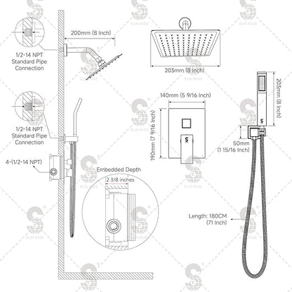 SR SUN RISE Shower System - Shower Faucet Set with 8 Inch Rain Shower Head and Handheld Shower - High Pressure Rain Shower System - All Metal Shower Faucet Trim Repair Kits - Polished Chrome