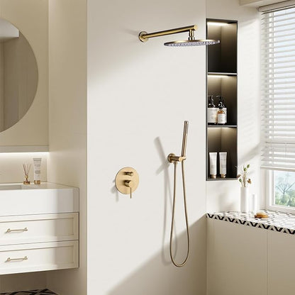 TRUSTMI 12-Inch Brushed Gold Shower System, Brass Wall Mounted Rainfall Shower Set (Contain Concealed Pressure Balance Rough-in Valve Body and Trim)