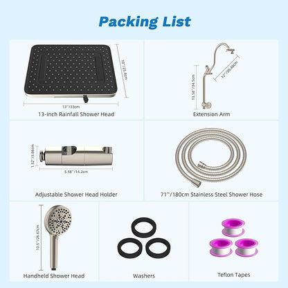 Hibbent cUPC Certified 13'' Shower Head Combo, High Pressure 5 Spray Rainfall Showerhead, 10 Spray Handheld, All Metal Easy Reach 4-way Diverter Arm with Pause Mode, 71'' Hose & Holder, Brushed Nickel