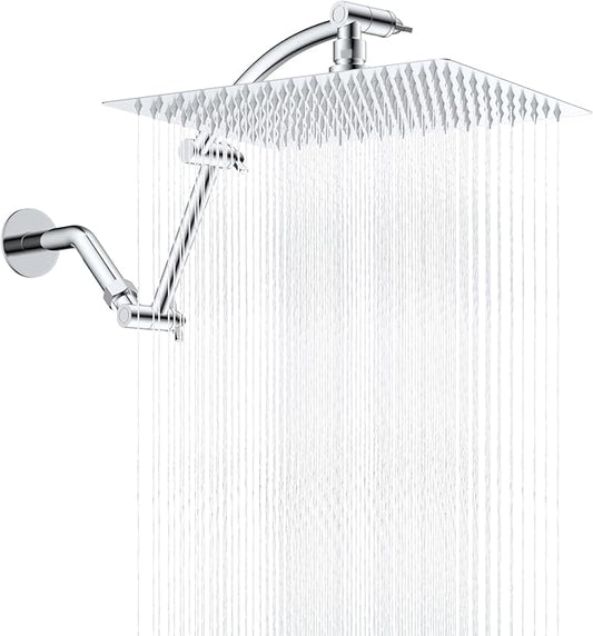 Hibbent All Metal cUPC Certified Rain Shower Head, 12'' High Pressure Rainfall Showerhead with 16" Shower Head Extension Arm, Solid Brass Adjustable Shower Arm Extender, fixed Showerheads, Chrome