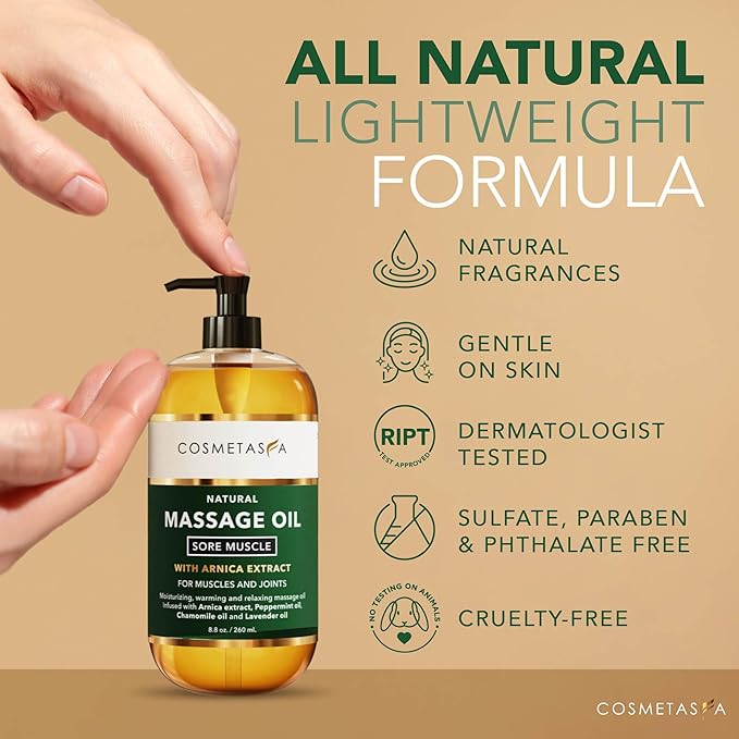 Cosmetasa Sore Muscle Massage Oil for Massage Therapy with Roller - All Natural, Cruelty-Free Massage Oils for Muscle Relaxing & Joint Comfort - Arnica Extract with Lavender & Chamomile Oil (8.8 oz)