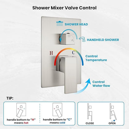 gotonovo Rainfall Bathroom Shower System Rain Shower Head and Handle Set Wall Mounted Shower Complete Combo Solid Brass Pressure Balancing Shower Mixer Valve 16 Inch Brushed Nickel