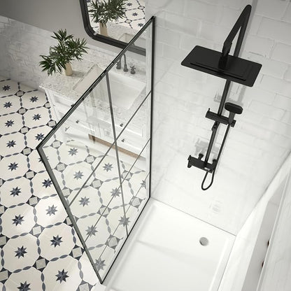 30" W x 76" H Frameless Shower Screen, Fixed Glass Panel for Walk-In Shower, 3/8" Tempered Glass, Grid Pattern Design