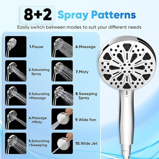 High Pressure Handheld Shower Head, 5" Large 10-Mode Filtered Showerhead with 59" Stainless Steel Hose, Hard Water Filter, Detachable Sprayer for Bathroom, Tile Cleaning & Pet Bathing