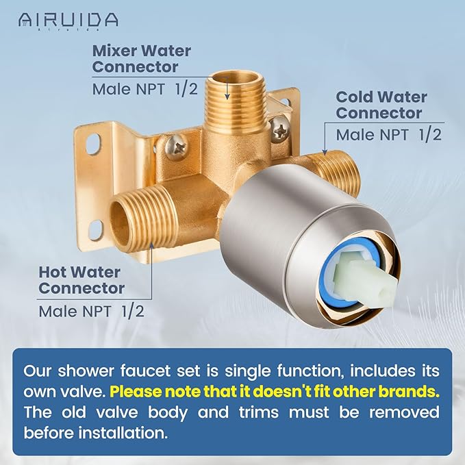 Airuida Square Single-Function Brass Faucet Shower Rough-in Valve Male Thread Bathroom Trim Kit Single Handle Tub Shower Valve 5.5 Inch Cover Plate Brushed Nickel