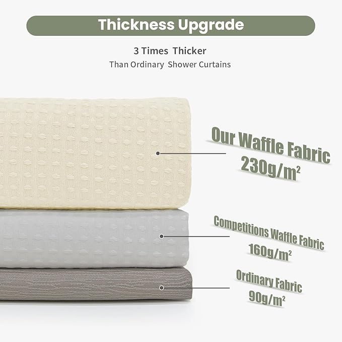 Inhousolu Fabric Shower Curtain Waffle Weave, 230 GSM Heavy Duty, Weighted Hem, 14 Metal Hooks, Water Repellent, Machine Washable, Hotel Spa Luxury Bath Curtain Set, 72 x 84 Inch, Ivory