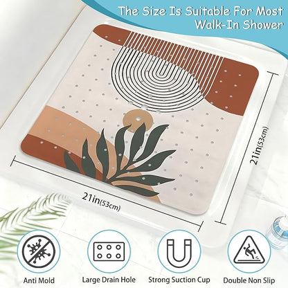 Leaves Square Anti Slip Shower Mats for Inside Shower Accessories, Boho Bath Mats for Bathroom Non Slip Shower Floor Mat Decor Rubber Bathmat with Suction and Drain Holes Machine Washable, 21″X21″