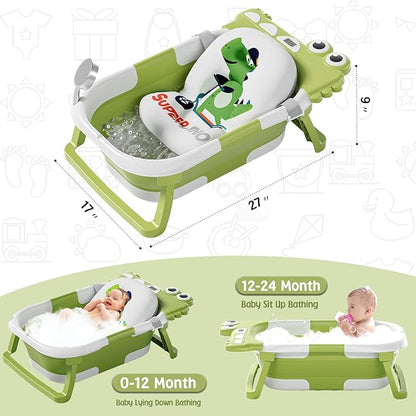 MoreFeel Collapsible Baby Bathtub for Newborn with Thermometer & 1 Hooded Towel & 1 Soft Floating Cushion,Portable Travel Bathtub with Drain Hole, Durable Foldable Baby Tubs for Infants to Toddler
