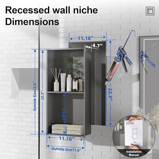 Bathbliss Shower Niche, No‑Tile Recessed Wall Niche, 11.18"x22.3" SUS304 Stainless Steel Double Shelf, Leak‑Proof Waterproof for Bathroom Storage, Grey Shower Niche