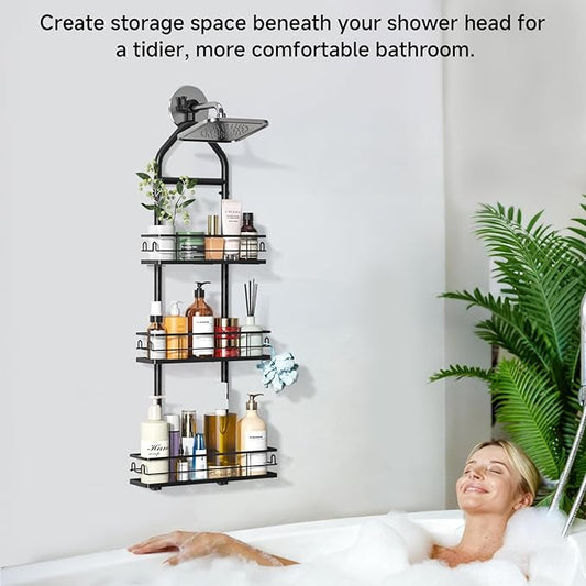 3 Tier Hanging Shower Head Caddy, Adjustable Hanging Shower Caddy Over Showerhead, No Drilling Handing Racks Rustproof for Bathroom Shampoo Soap Storage