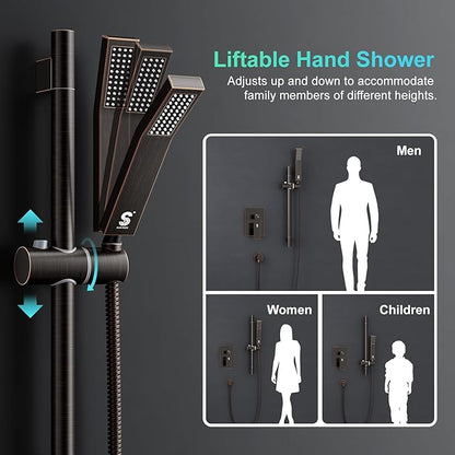 SR SUN RISE 12 Inch Oil Rubbed Bronze Shower Faucet Set, Wall-Mount Adjustable 16-Inch Slide Bar with Square Hand Shower System Included Valve and Trim Kit