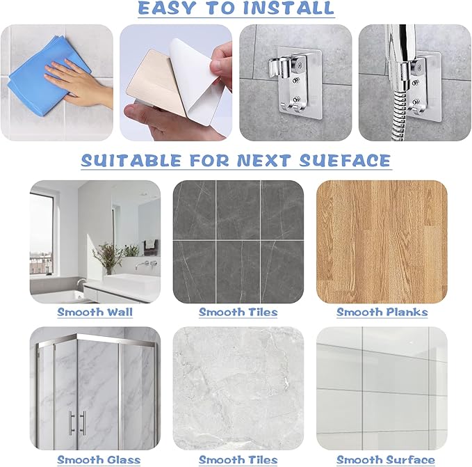 Shower Head Holder, Adjustable Wand Holder with 2 Hanger Hooks, Wall Mount Bracket, Aluminium Alloy, Silver