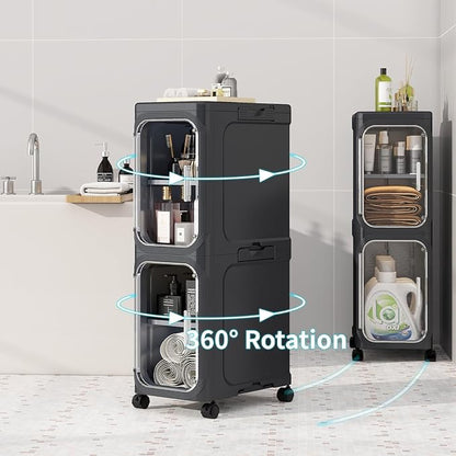 KHNR 5-Tiers Slim Bathroom Storage Cabinet, Foldable Storage Cabinets,Narrow Bathroom Storage,Movable Bathroom Storage Organizer for Small Spaces,Bathroom,Kitchen,Laundry,Black
