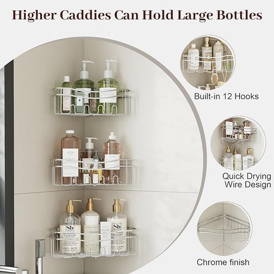 Chrome Shower Caddy Corner, 3-Pack Adhesive Shower Shelves for Inside Shower, Rustproof Bathroom Organizer Corner with Built-in Hooks, No Drilling Bathroom Storage for Bath Accessories