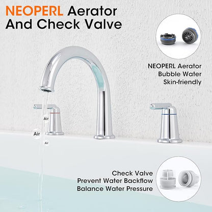 Roman Bathtub Faucet with Rough-in Valve 3 Hole Widespread Deck Mount Bath Faucet Set High Flow Rate 2 Handle Tub Filler Trim Kit Brass High Arc Tub Faucet Polished Chrome (WT-9807CP)