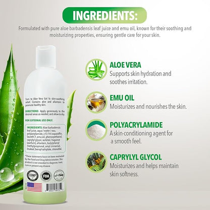 Dr. Robaina Natural Aloe Vera Gel with Emu Oil – Hydrating & Soothing Daily Skin Care for Dry Skin, Sun-Exposed Comfort & Irritation Relief – Non-Greasy, Quick-Absorbing – 12 oz | Made in USA