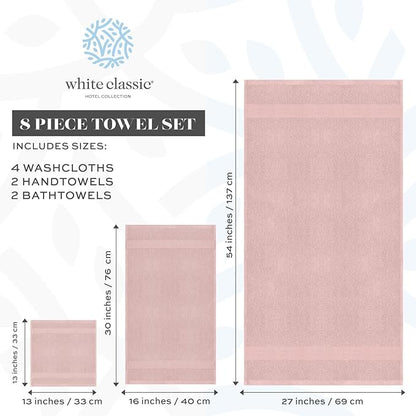 White Classic Luxury Bath Towel Set of 8 Pieces - 100% Turkish Cotton Highly Absorbent Towels for Bathroom, 2 Luxury Bath Towels 700GSM, 2 Hand Towels, 4 Washcloths, Pink