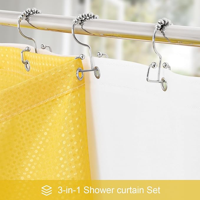 3 in 1 Long Yellow Shower Curtain Set-72 W x 78 H, Modern Waffle and PEVA Liner Set with 12 Stainless Steel Hooks, Waterproof Fabric for Bathroom
