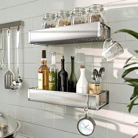 Bathroom Adhesive Shower Caddy Basket Shelf with Hooks, No Drilling Removable Bathroom Shelf Organizer,Stainless Steel Rustproof Shower Rack for Shampoo Storage, Sponge Holder-Silver