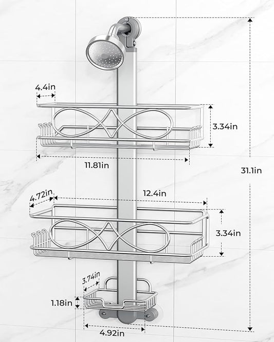ODesign 2 Tier Stainless Steel Anodized Aluminum,Height-Adjustable Rustproof Shower Caddy Hanging Anti-Swing-Over The Shower Head Caddy-Bathroom Showe r Storage Organizer With Soap Box Holder- Sliver