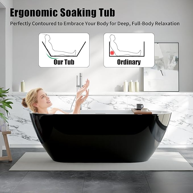 67 in Acrylic Freestanding Bathtub, Contemporary Stand Alone Tub,Glossy Black Soaking Tubs, Oval Bathtub with Chrome Overflow and Drain, CUPC Certified