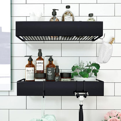 Shower Caddy, Adhesive Shower Organizer with Hooks, Shower Shelves for Inside Shower, No Drilling Shower Rack Holder, Shower Storage for Bathroom, Kitchen Spice Rack-2 Pack Black