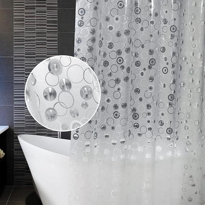AooHome Plastic 60 inch Short Shower Curtain Liner - EVA 3D Circle Pattern Design Bathroom Shower Curtain with Hooks, 5 Bottom Magnets, 10G Heavy Duty, Water Repellent, Semi Transparent, 72x60 Inch