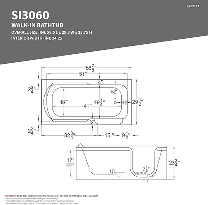 ANZZI Walk-In Tub 60'' x 30'' Acrylic, Left Drain, Easy Step Low Threshold, Non-Slip Floor, Modern Chrome Details, Glossy White Finish - 3060SILWS