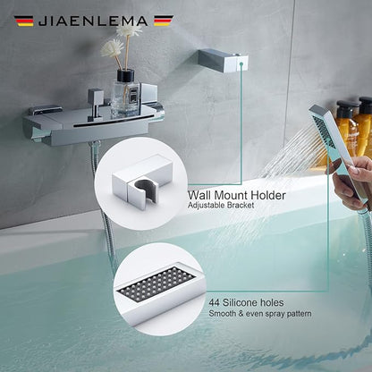 Wall Mount Tub Faucets Chrome Waterfall Tub Faucet with Sprayer, Wall Mount Tub Filler, Brass Bathtub Wall Faucet with Hand Shower, 2 Handles - JIAENLEMA