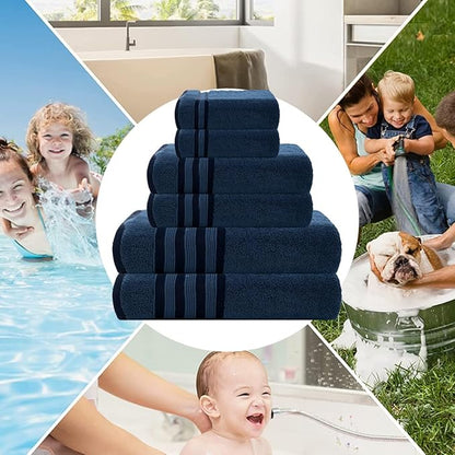 CASA COPENHAGEN Zero Twist, 6 Pieces Set 100% Cotton 0" Twist Towel Set- Dark Blue, 600 GSM, 2 Bath, 2 Hand, 2 Washcloths Made from Egyptian Cotton, Ultra Soft Luxury Towels for Bathroom.