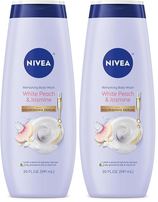 NIVEA Refreshing White Peach and Jasmine Body Wash with Nourishing Serum, Scented Body Wash for Women, Enriched with Provitamin B5 and Vitamin E, 20 Fl Oz Bottle (Pack of 2)
