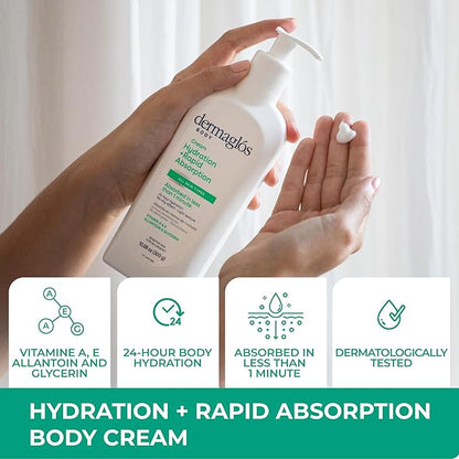 Dermaglos Moisturizing Body Cream | Hydration + Rapid Absorption, 24Hour Duration | Daily moisturizer For all Skin Types Even Sensitive | With Vitamin A, Vitamin E, Allantoin, Glycerin | 10.58 Oz
